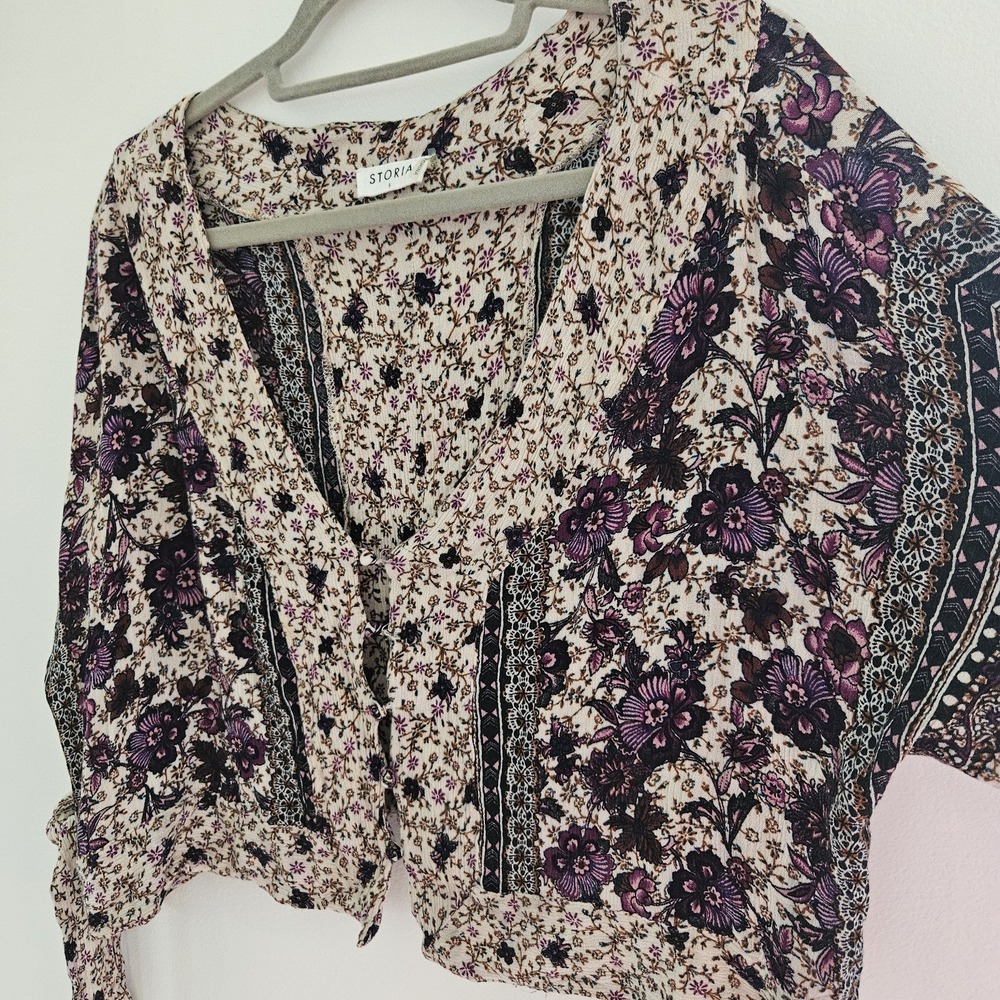 Storia Shirt Womens Small Cream Purple Bohemian Floral Peasant Blouse Tie Cuffs
